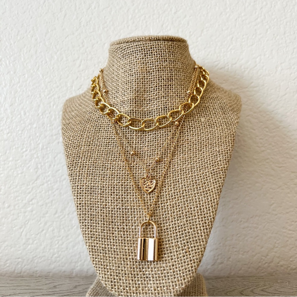NEW | layered link chain necklace with lock and heart pendant